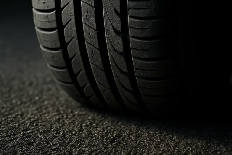Close-up macro photograph of a single car tire showing vulcanized rubber texture and visible deformation at the contact patch on coarse asphalt surface