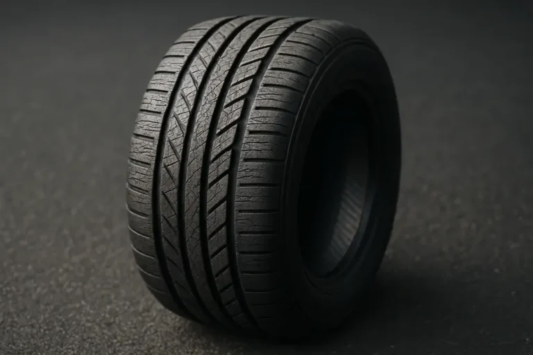 Macro close-up of a single electric car tire showing detailed tread pattern and vulcanized rubber texture on a neutral asphalt or studio background with soft lighting