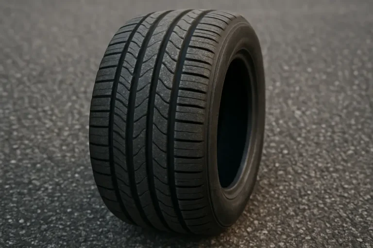 Close-up photo of a single car tire showing detailed tread pattern and rubber texture on a coarse asphalt surface