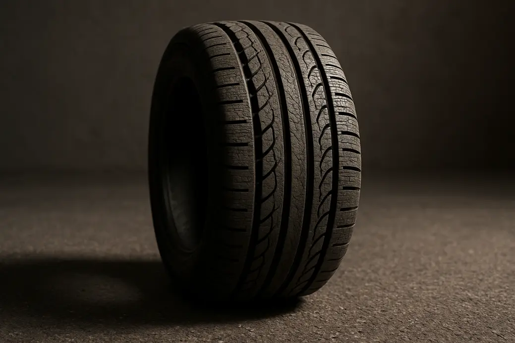 Close-up macro photo of a single car tire showing detailed vulcanized rubber texture and tread profile on coarse asphalt background