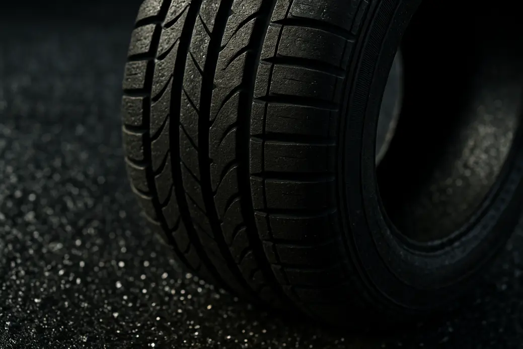 Close-up macro photo of a single wet car tire tread on wet asphalt, showing detailed rubber texture and water on the coarse surface emphasizing grip and rolling resistance
