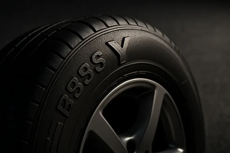 Close-up photograph of a car tire mounted on a vehicle, highlighting the tire sidewall with a clearly visible speed rating letter code, set against a neutral asphalt or studio background.