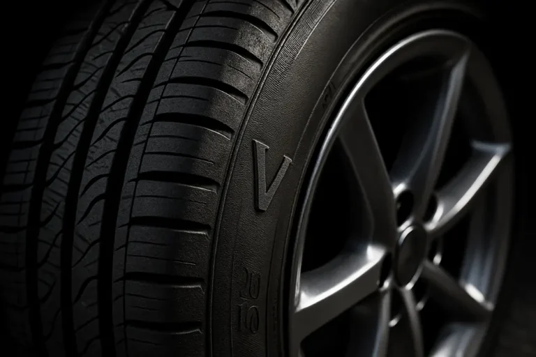 Close-up photo of a single mounted car tire showing the speed index marking and detailed tire tread against a coarse asphalt background