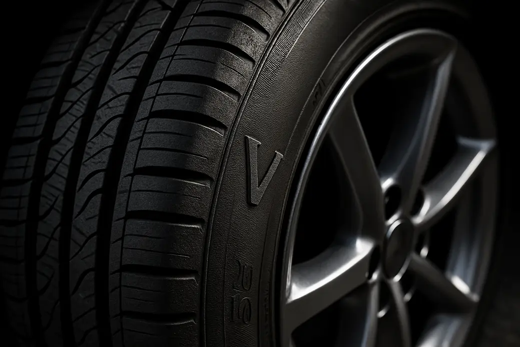 Close-up photo of a single mounted car tire showing the speed index marking and detailed tire tread against a coarse asphalt background