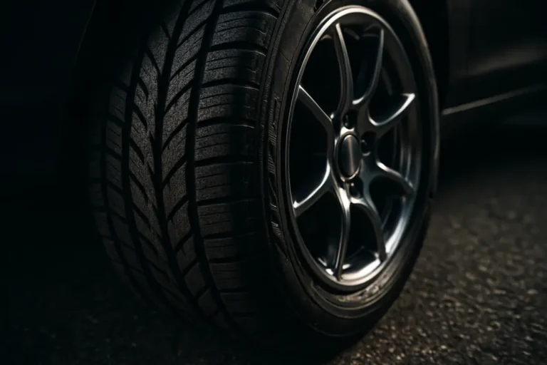 Macro photo of a single car tire mounted on a car, showing detailed vulcanized rubber texture and tread profile, with metallic rim reflections and coarse asphalt background