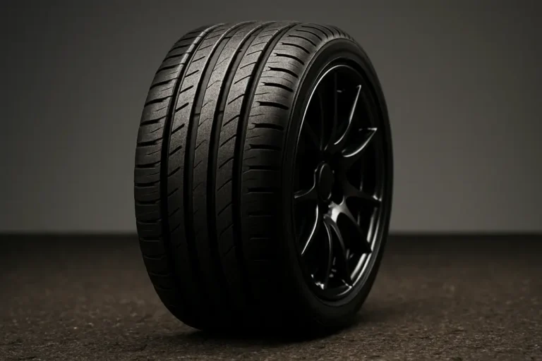 Macro photo of a single newly mounted car tire showing detailed rubber tread pattern and rim, positioned on coarse asphalt to highlight mounting and contact with road surface