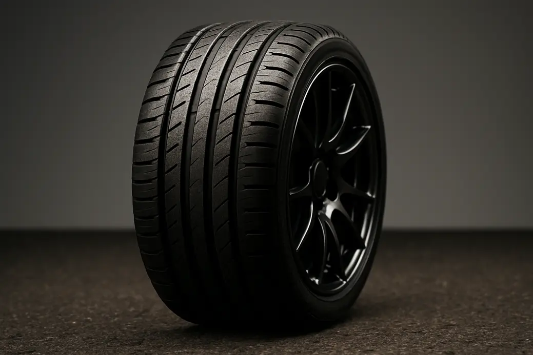 Macro photo of a single newly mounted car tire showing detailed rubber tread pattern and rim, positioned on coarse asphalt to highlight mounting and contact with road surface