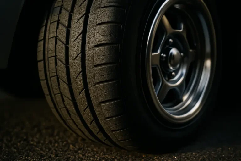 Close-up macro photograph of a single car tire mounted on a vehicle, showing detailed vulcanized rubber texture, rim reflections, and contact with coarse asphalt surface under dramatic side lighting.