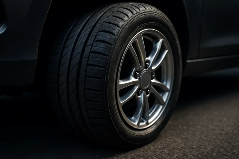 Macro close-up of a car tire mounted on a rim attached to a vehicle, showing detailed rubber tread and metallic rim, with a coarse asphalt background, emphasizing textures and attachment condition
