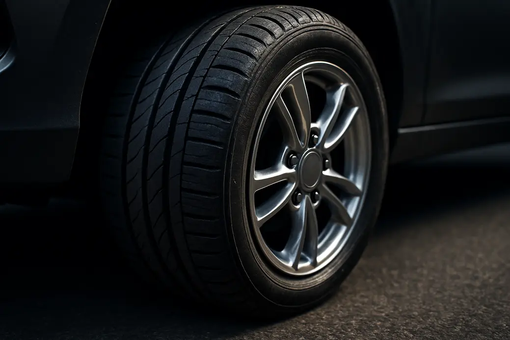 Macro close-up of a car tire mounted on a rim attached to a vehicle, showing detailed rubber tread and metallic rim, with a coarse asphalt background, emphasizing textures and attachment condition