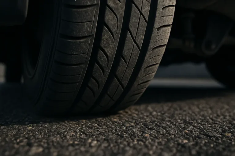 Macro close-up photo of a single car tire mounted on a vehicle, focusing on the contact area between the tire and coarse asphalt road with visible tread patterns and subtle suspension components in the background.