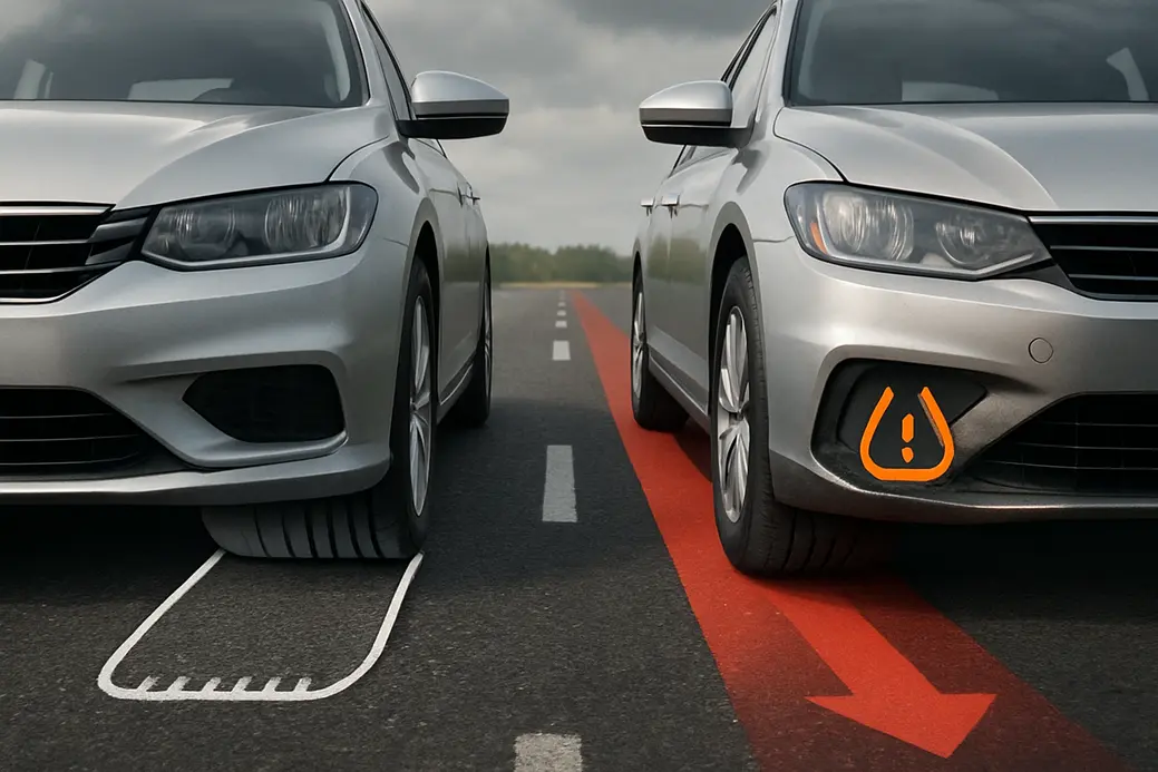 Afbeelding van een auto met zowel juiste als te lage bandenspanning zichtbaar, waarbij de banden de interactie met het wegdek tonen, met nadruk op verminderde contactoppervlakte, langere remweg en bandenslijtage bij lage bandenspanning.