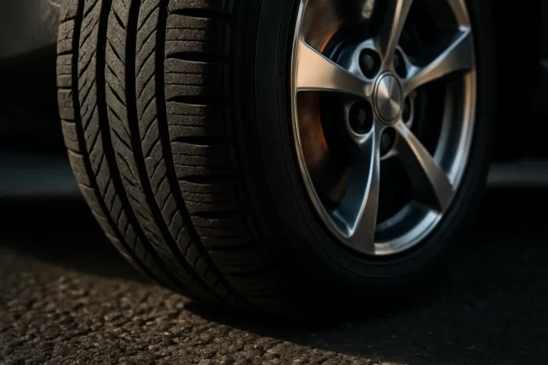 Close-up macro photo of a front car wheel mounted on a vehicle, showing detailed tire tread, brake disc with metallic wear, and textured asphalt surface, highlighting microscopic deformations causing vibrations during braking.