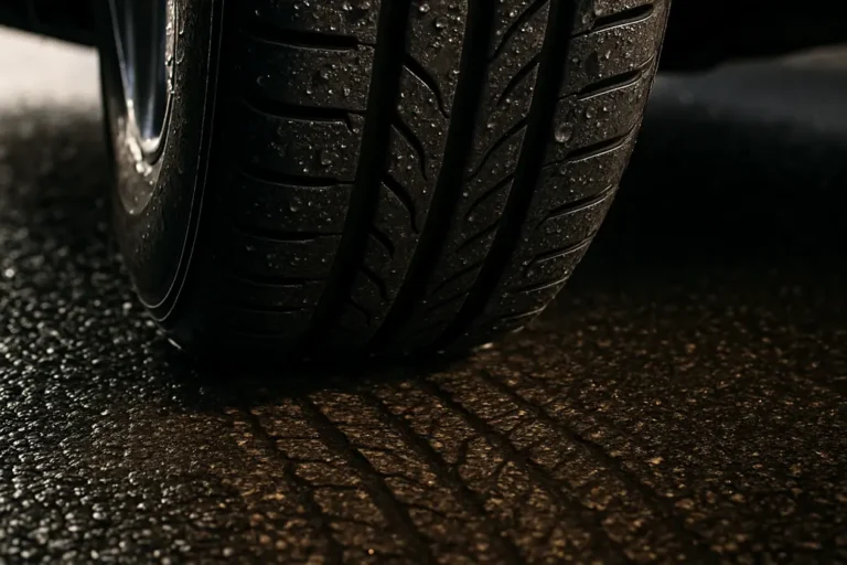 Close-up macro photo of a single car tire mounted on a vehicle's wet asphalt road, showing water droplets on both tire and road surface, detailed rubber tread elements with slight deformation at the contact patch due to moisture.