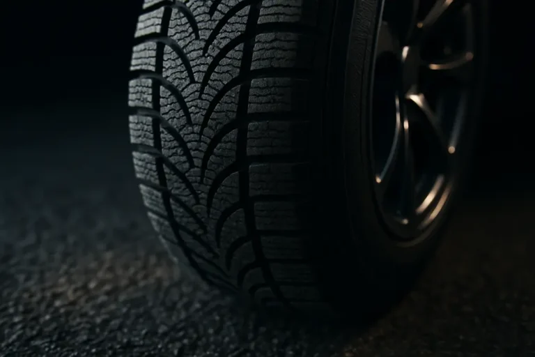 Macro photo of a single winter tire mounted on a car, showing detailed rubber tread texture and its contact with coarse asphalt under realistic lighting