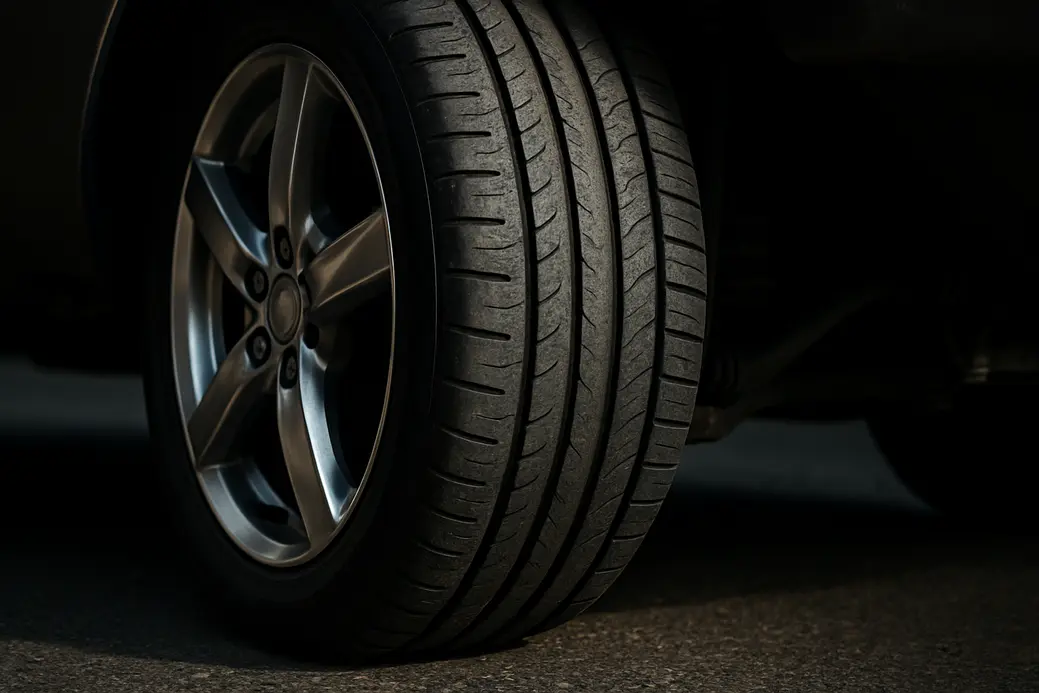 Close-up side view of a single mounted car tire on a vehicle showing vulcanized rubber texture, detailed rim reflections, and coarse asphalt underneath, highlighting the connection between tire and suspension.