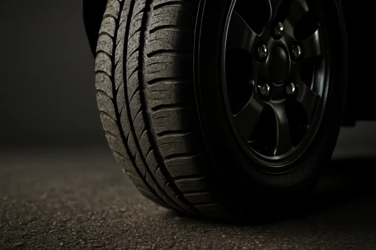 Close-up photo of a single car tire mounted on a vehicle, showing detailed rubber texture with slight wear and deformation, the tire's tread in contact with coarse asphalt or neutral background, rim and lug nuts visible, captured from a low-angle with dramatic side lighting.