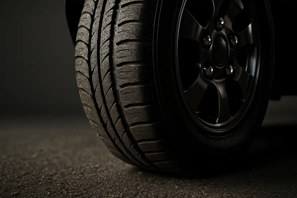 Close-up photo of a single car tire mounted on a vehicle, showing detailed rubber texture with slight wear and deformation, the tire's tread in contact with coarse asphalt or neutral background, rim and lug nuts visible, captured from a low-angle with dramatic side lighting.