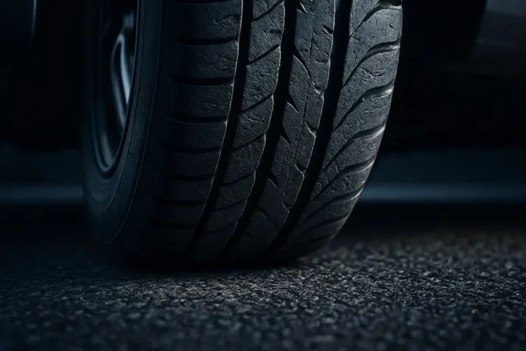 Macro close-up photo of a single car tire mounted on a vehicle, showing the stiff vulcanized rubber texture with visible irregularities on a coarse asphalt surface, highlighting deformation and pressure distribution due to cold temperatures.