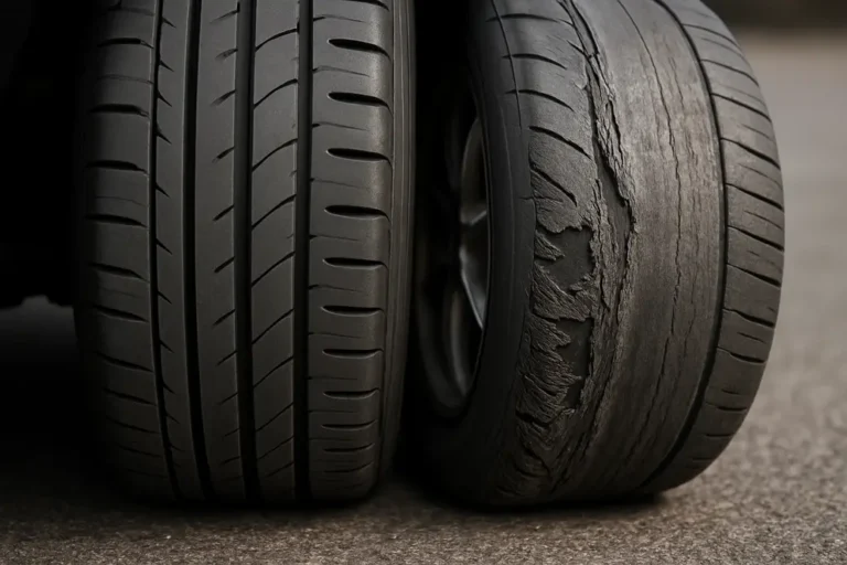 Close-up photorealistic image of a car or bicycle tire showing visible wear from excessive pressure contrasted with a properly inflated tire, on a road surface illustrating grip differences.