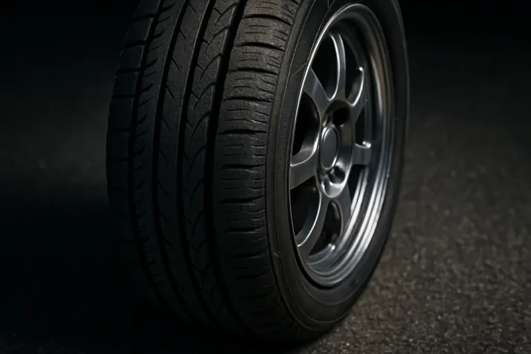 Close-up photorealistic image of a single car tire mounted on a car, showing detailed tread pattern and vulcanized rubber texture resting on coarse asphalt, with a polished wheel rim visible and subtle uneven wear indicating potential mechanical issues.