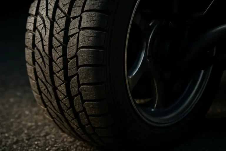 Macro close-up photo of a single car tire mounted on a vehicle, focusing on the detailed tread texture, the connection between the wheel rim and suspension, and the coarse asphalt beneath.