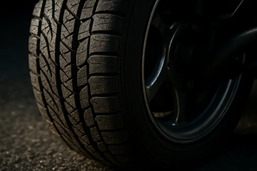 Macro close-up photo of a single car tire mounted on a vehicle, focusing on the detailed tread texture, the connection between the wheel rim and suspension, and the coarse asphalt beneath.