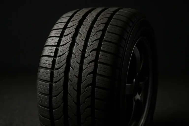 Close-up macro photograph of a single car tire mounted on a vehicle, showing detailed vulcanized rubber texture and tire tread pattern against a coarse asphalt or studio background with dramatic side lighting