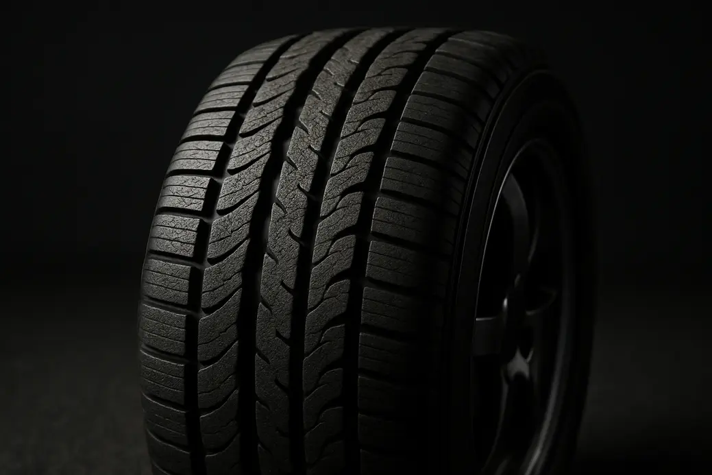 Close-up macro photograph of a single car tire mounted on a vehicle, showing detailed vulcanized rubber texture and tire tread pattern against a coarse asphalt or studio background with dramatic side lighting