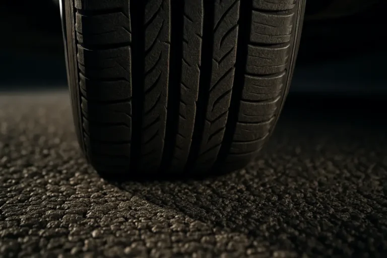 Macro photograph of a single car tire making contact with a textured asphalt road surface, emphasizing the detailed rubber and coarse road textures