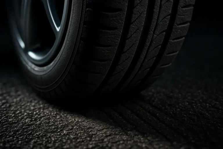 Close-up macro photograph of a single car tire mounted on a wheel, showing rubber deformation where it contacts the coarse asphalt road surface, with detailed texture and lighting emphasizing the interaction between the tire and asphalt.