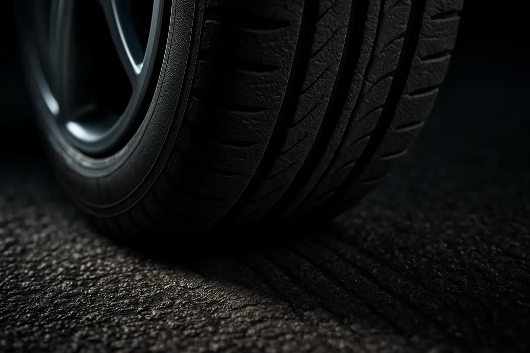 Close-up macro photograph of a single car tire mounted on a wheel, showing rubber deformation where it contacts the coarse asphalt road surface, with detailed texture and lighting emphasizing the interaction between the tire and asphalt.