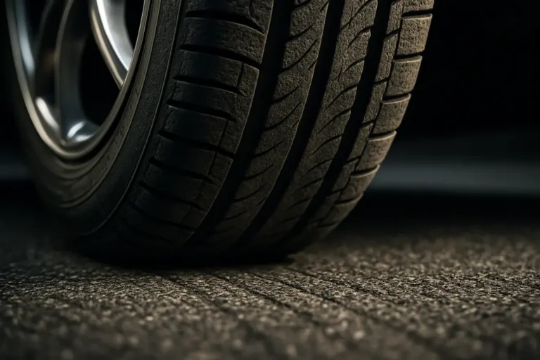 Close-up macro photo of a single car tire mounted on a vehicle making contact with a dry coarse asphalt road, showing detailed rubber tread texture and the road surface under dramatic side lighting.