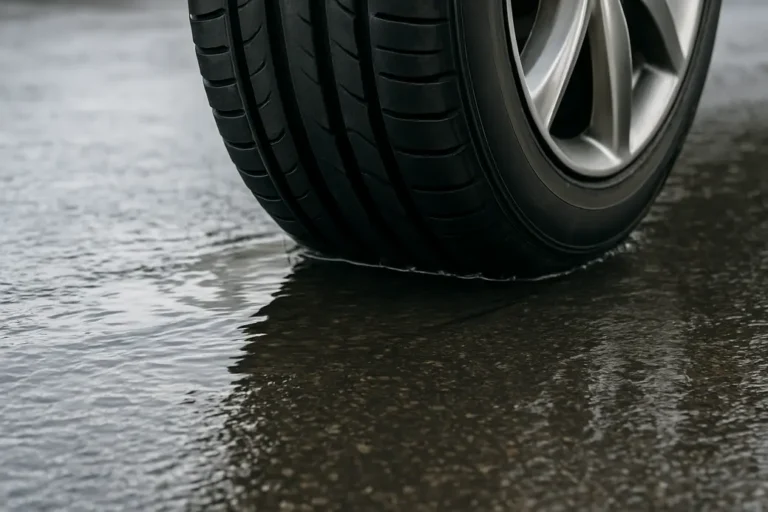 Afbeelding van een voertuigband met profiel die gedeeltelijk van het natte wegdek is gescheiden door een dunne waterfilm, illustrerend hoe aquaplaning ontstaat doordat de band geen direct contact maakt met het wegdek.