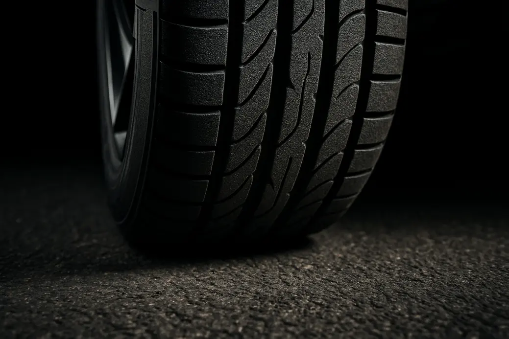 Close-up macro photograph of a single new car tire's tread and contact area on coarse asphalt, showing detailed vulcanized rubber texture and tread pattern.