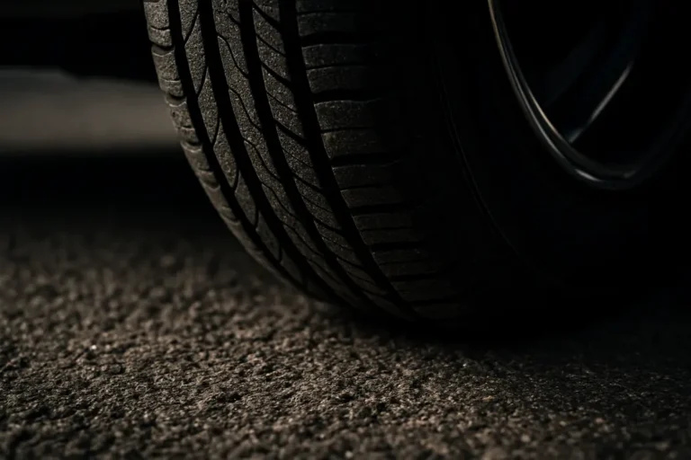 Close-up macro photograph of a single car tire made of vulcanized rubber with detailed tread pattern in contact with coarse asphalt road, mounted under a vehicle, showing texture and mechanical detail