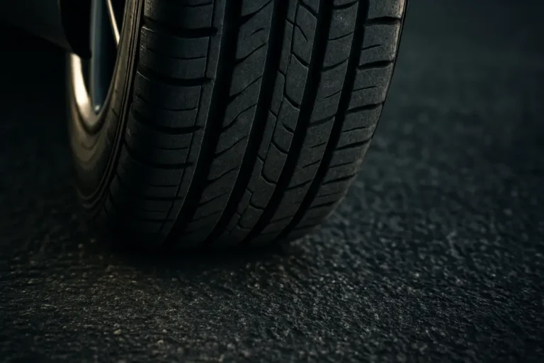 Close-up macro photo of a single car tire in contact with coarse asphalt, showing detailed rubber tread texture and road surface