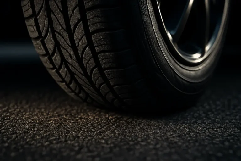 Close-up photo of a single car tire mounted on a vehicle with visible tread texture and rubber deformation under lateral pressure, in contact with a coarse asphalt road surface, showing mechanical stress and grip effects