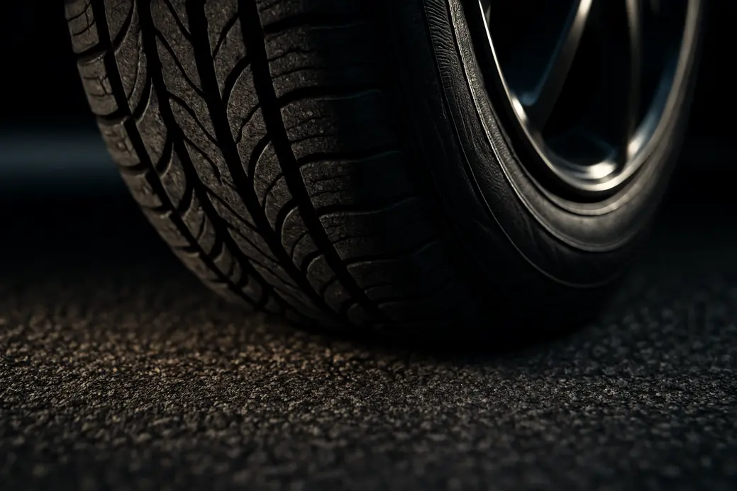 Close-up photo of a single car tire mounted on a vehicle with visible tread texture and rubber deformation under lateral pressure, in contact with a coarse asphalt road surface, showing mechanical stress and grip effects