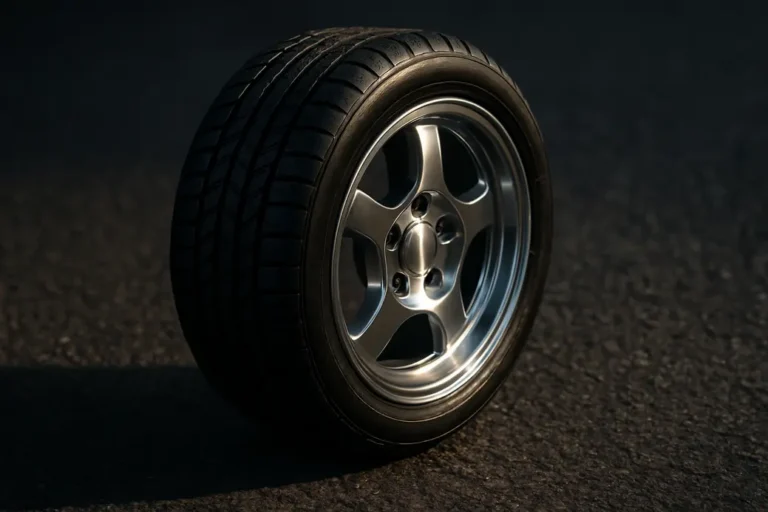 Close-up macro photo of a single car wheel with a mounted tyre and polished rim, resting on coarse asphalt. The image highlights the rubber tyre texture and reflective rim surface in sharp detail.