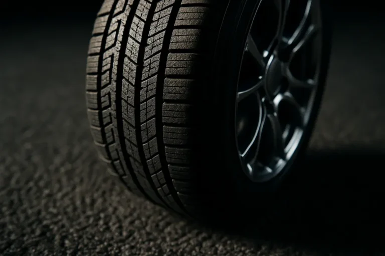 Macro photo of a single car tire mounted on a rim, showing detailed vulcanized rubber texture and tight tread pattern in contact with coarse asphalt surface