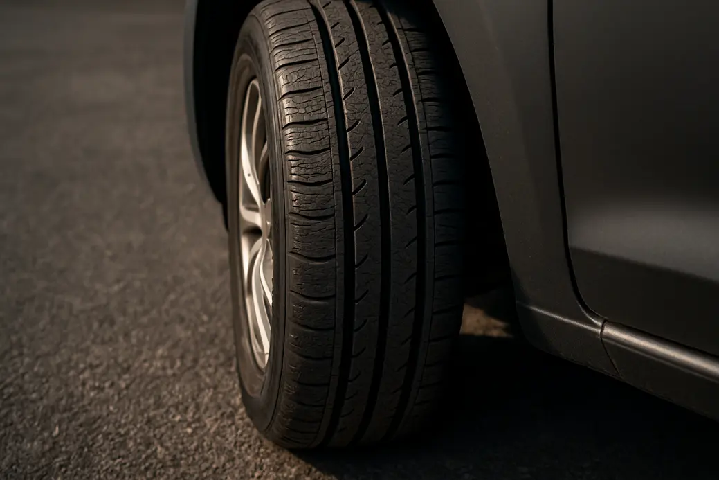 Close-up photo of a single car tire mounted on one side of a car, showing detailed rubber texture and tread pattern against a realistic asphalt surface.