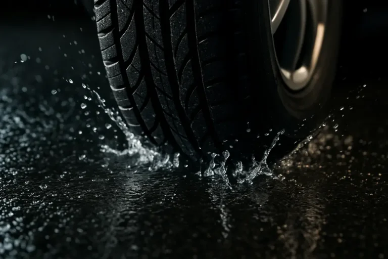 Macrofotografie van een enkele autoband die water verdrijft en spatten veroorzaakt op een nat wegdek, met focus op het contactvlak en de textuur van het rubber en het natte asfalt.