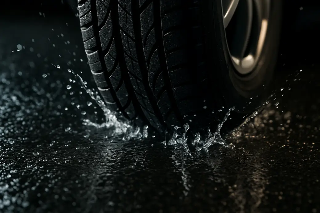 Macrofotografie van een enkele autoband die water verdrijft en spatten veroorzaakt op een nat wegdek, met focus op het contactvlak en de textuur van het rubber en het natte asfalt.