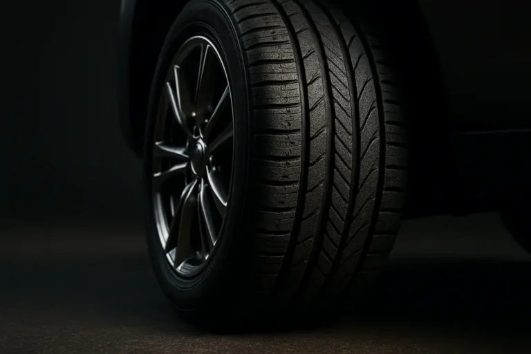 Close-up photo of a single car tire mounted on a car, showing detailed rubber texture and rim, touching coarse asphalt or studio floor, photographed in a studio setting with dramatic side lighting