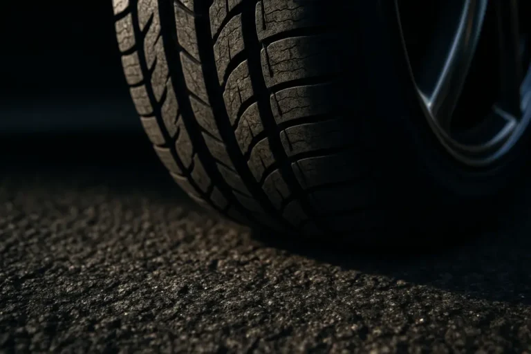 Close-up macro photo of a single car tire mounted on a car, showing detailed tire tread in contact with coarse asphalt road surface, highlighting rubber texture and road interaction