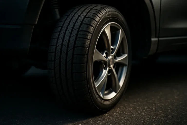 Close-up macro photograph of a car front wheel mounted on the vehicle, with the tire tread in contact with rough asphalt and visible suspension components