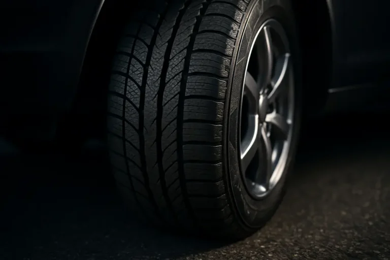 Close-up photo of a single car tire mounted on a vehicle, showing detailed rubber tread texture and contact with coarse asphalt surface, captured from a low-angle shot with dramatic lighting highlighting the tire's profile.