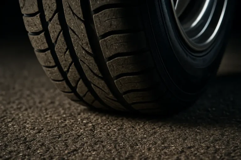 Close-up macro photograph of a single car tire mounted on a vehicle, showing detailed rubber texture and tread pattern in contact with coarse asphalt under dramatic side lighting and low-angle perspective.