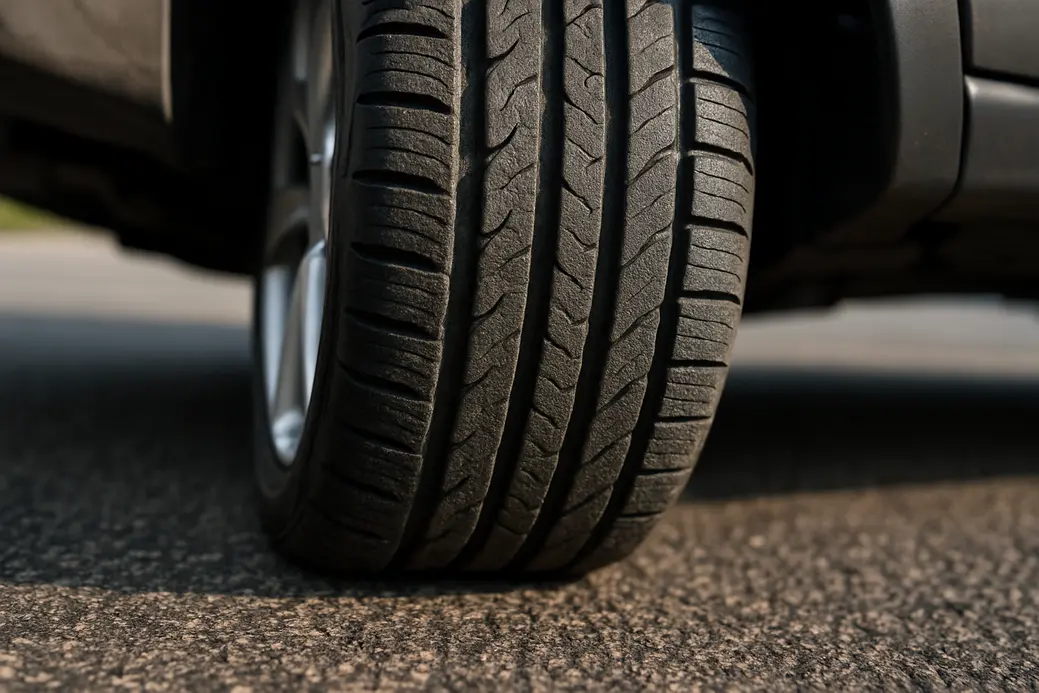 Macro photo of a single car tire mounted on a vehicle, showing the rubber tread and contact patch with coarse asphalt during steering, highlighting the texture and physical state of the tire in natural light.